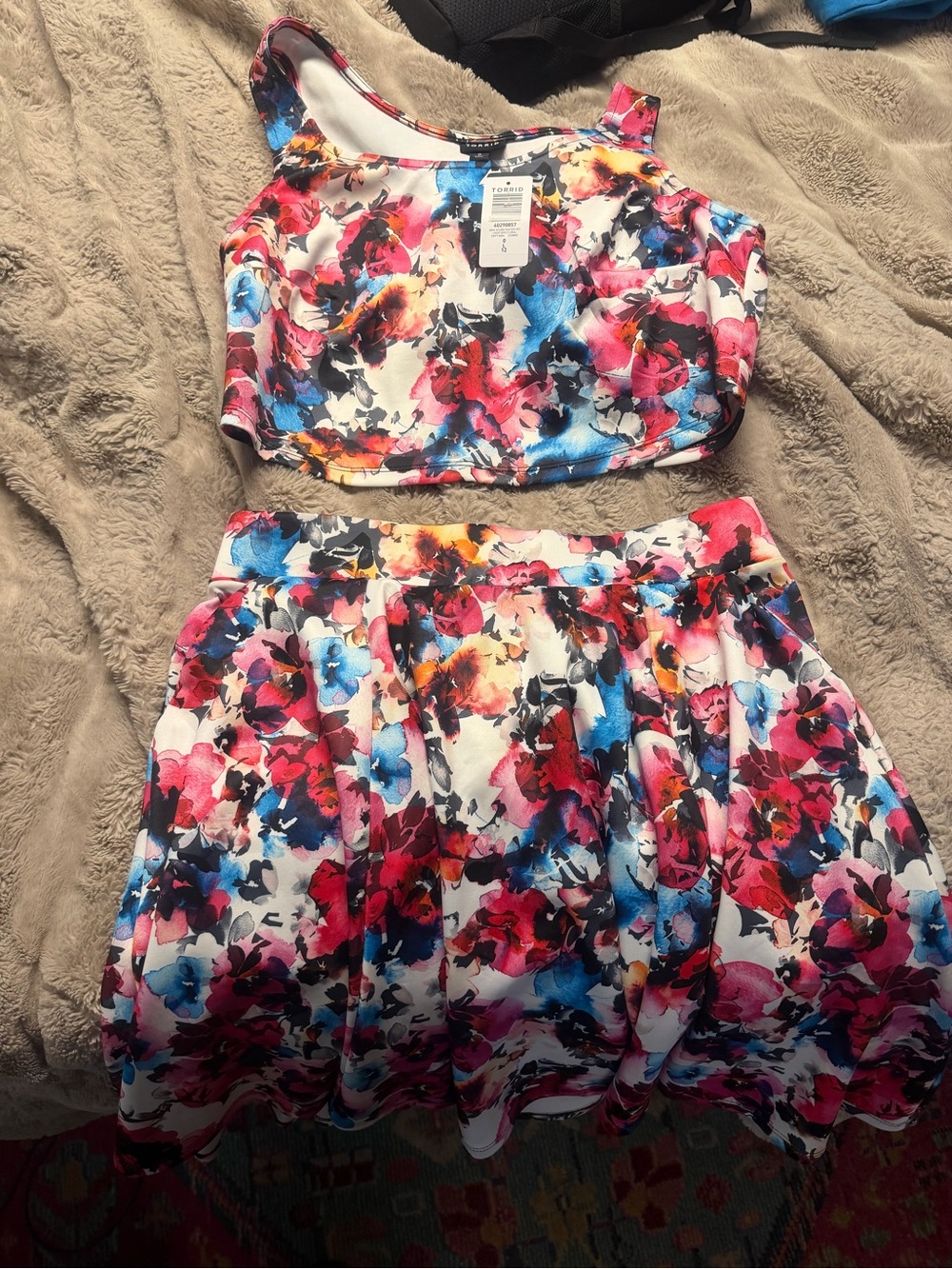 torrid White Floral A-Line Skirt and Crop Top with Pink, Blue and Yellow Accents
